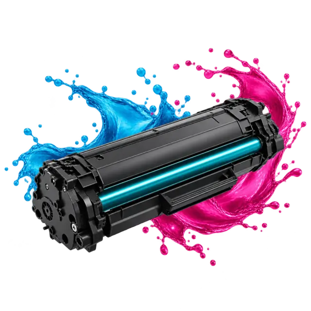 Toner cartridge illustration with cyan and magenta colour accents